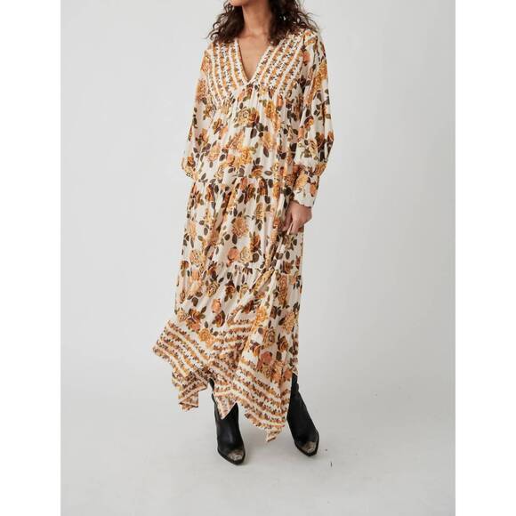 NEW FREE PEOPLE rows of roses maxi dress in ivory combo